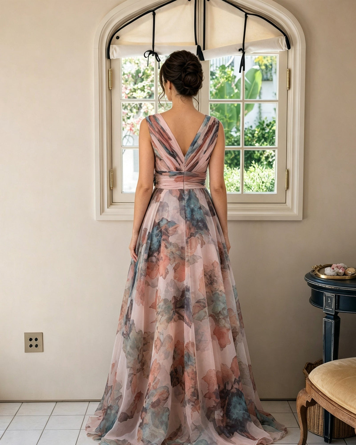 Floral chiffon V-neck dress with rosette waist sash, back view, pink-blue floral print