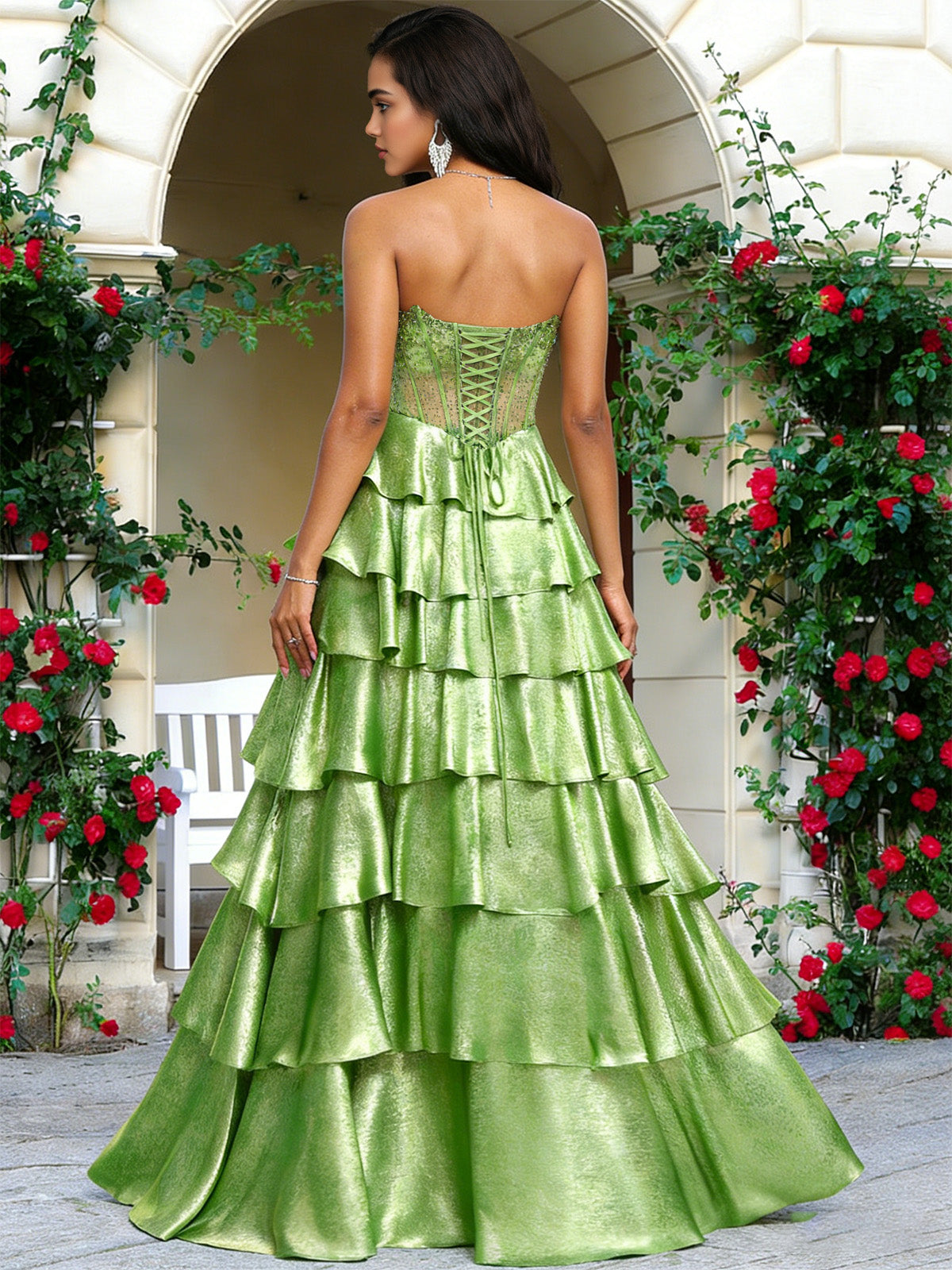 green strapless tiered sequin A-line prom dress with ruffle layers - image 6