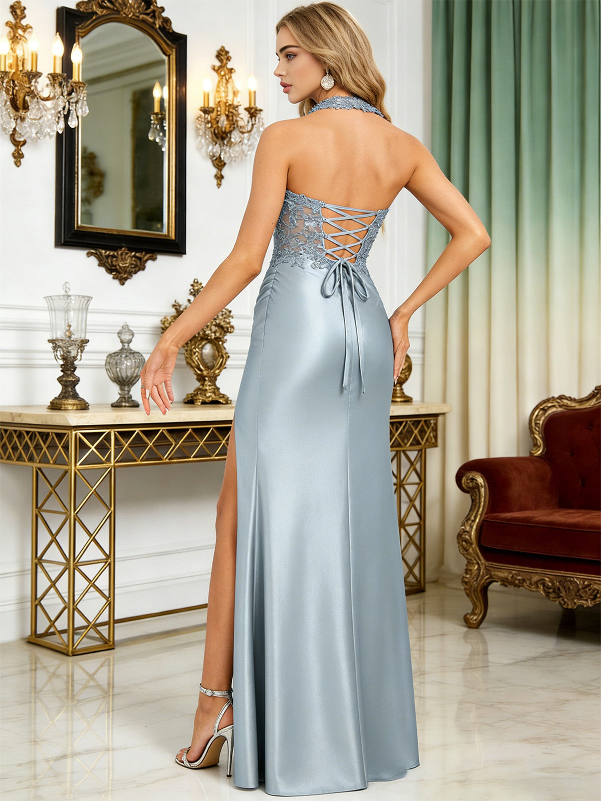 Light blue halter satin prom dress with open back and side thigh slit