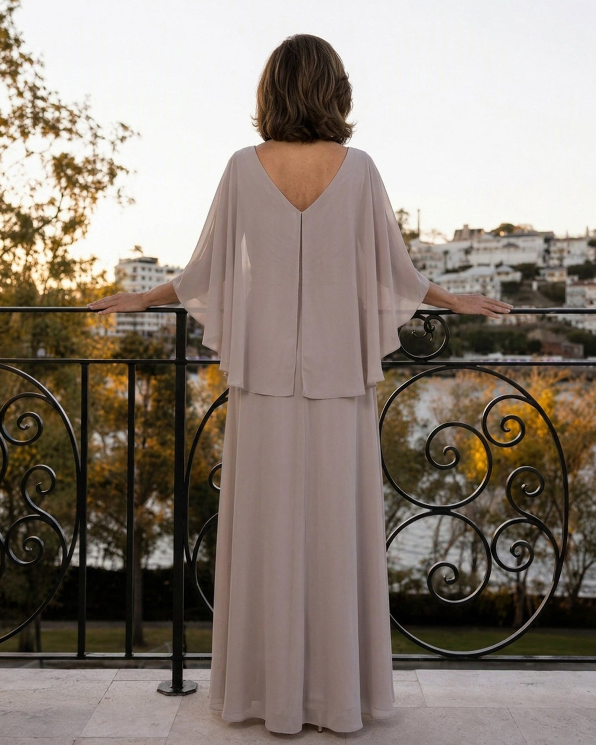 V-Neck Chiffon Cape Mother of the Bride Dress with Jeweled Waist - back view of V-neck cape overlay