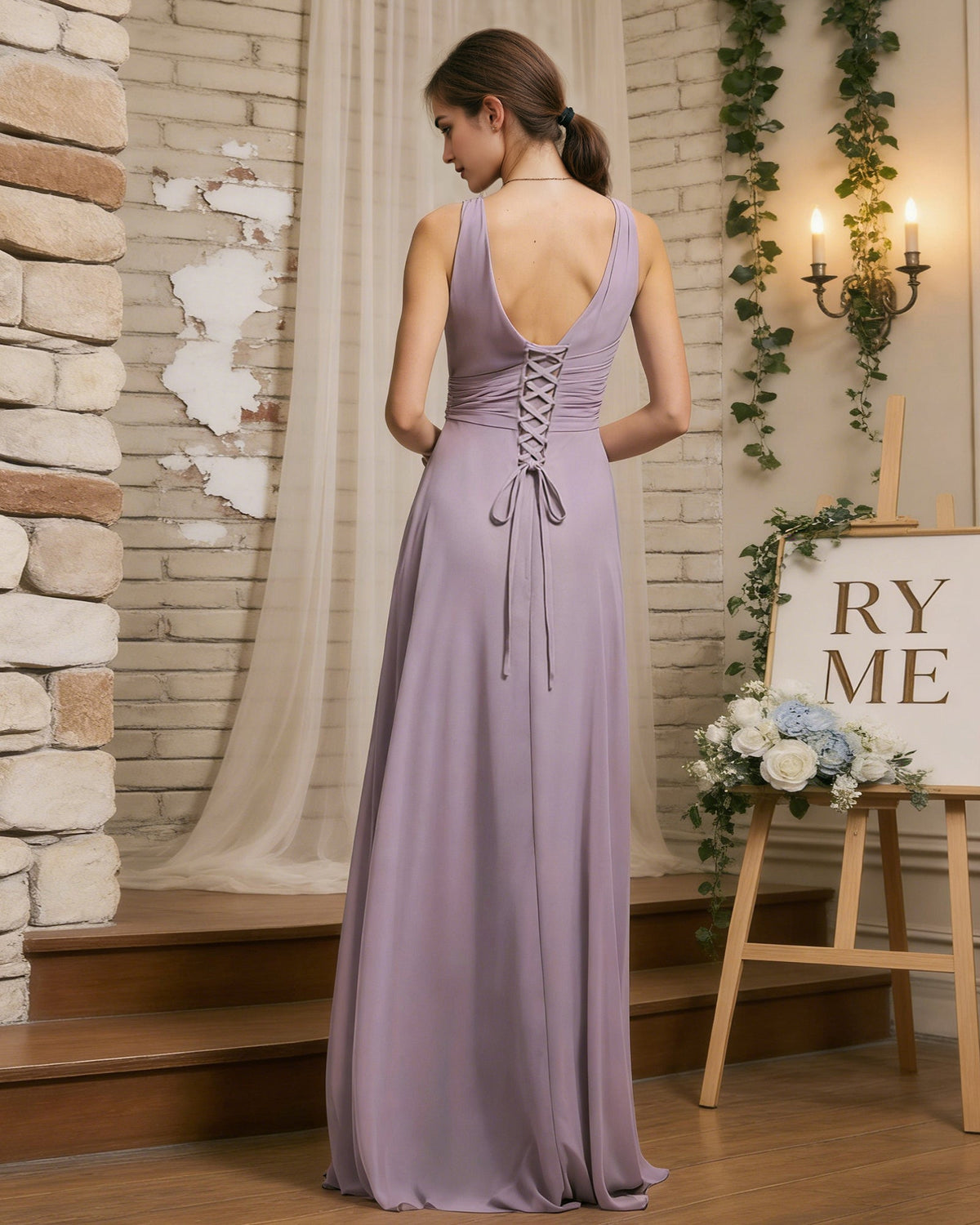 Back view of lilac chiffon halter V-neck bridesmaid dress with tied draped sash waist