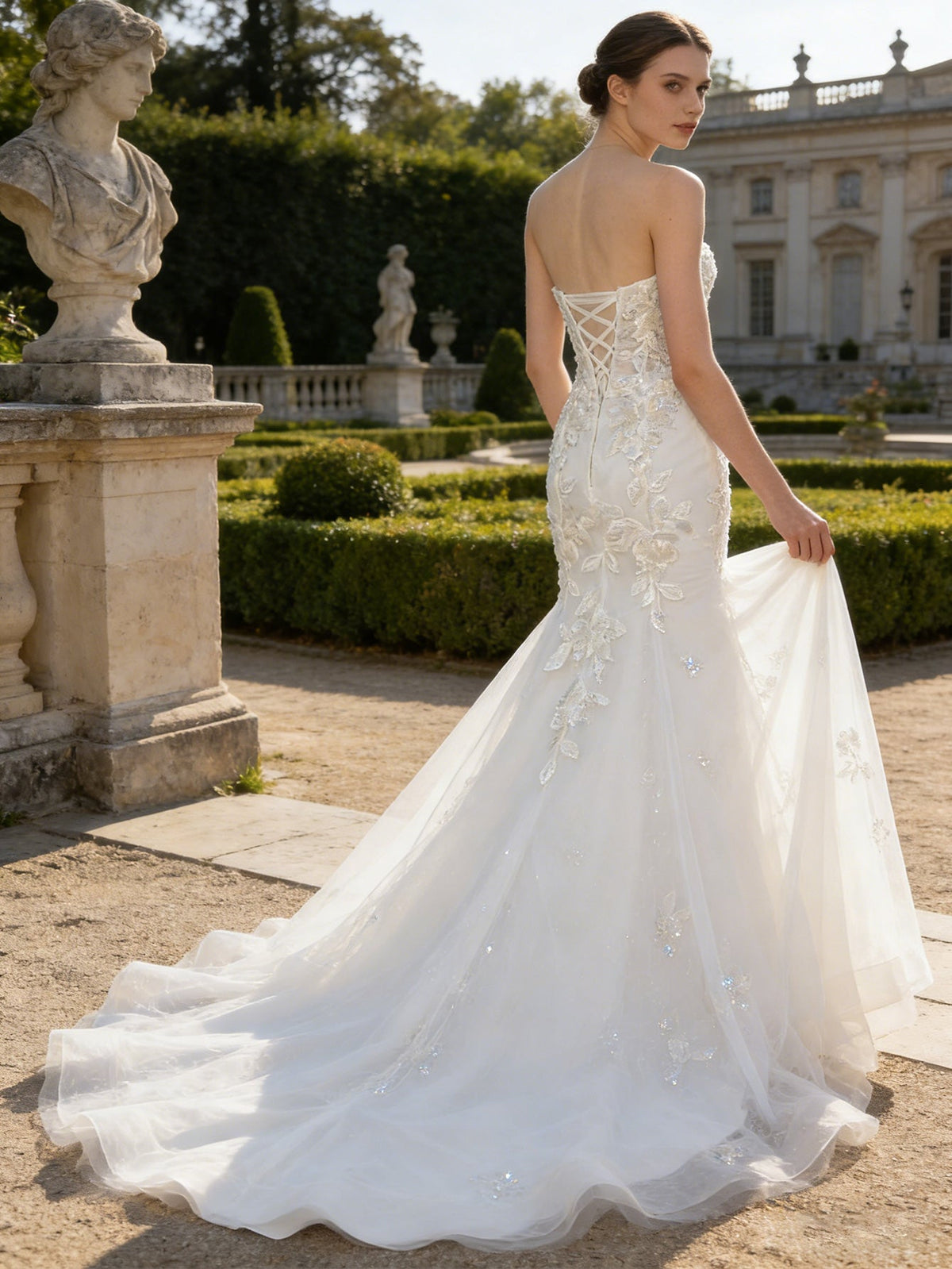 strapless lace mermaid wedding dress with sheer bodice and train - image 6
