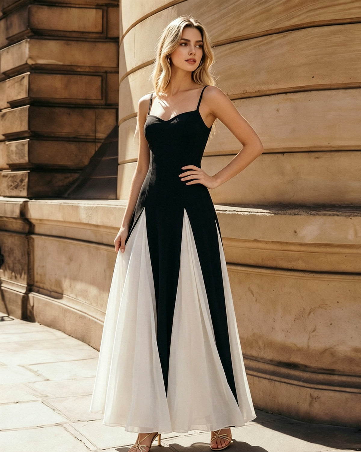Front view of colorblock spaghetti-strap jumpsuit dress with dark body and white panels