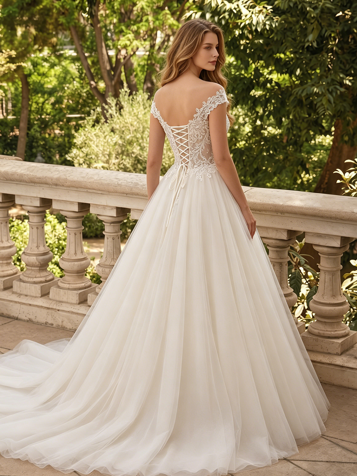 White lace-back spaghetti-strap ball gown with openwork back and flowing tulle skirt