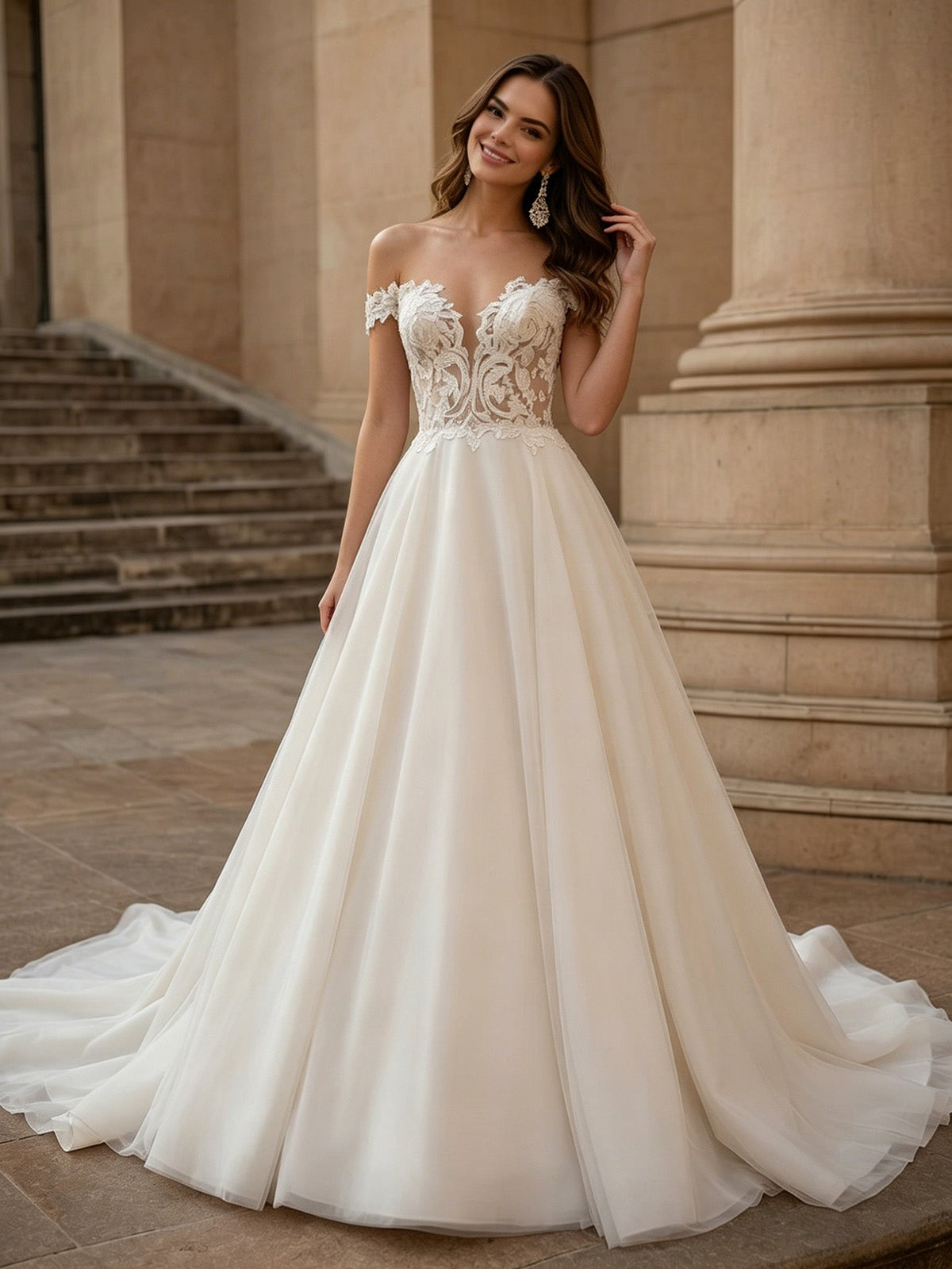 off shoulder lace A-line wedding dress with illusion bodice and train - image 6