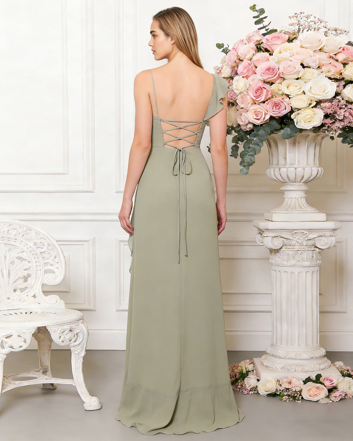 V-neck ruffle strap chiffon bridesmaid dress with cascading skirt - image 7