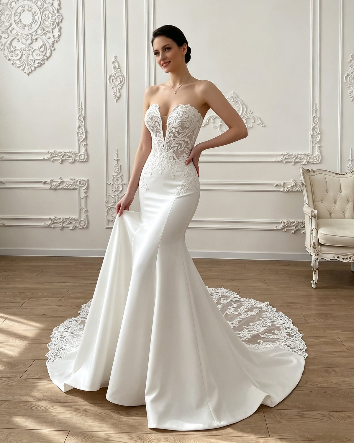 White strapless mermaid wedding dress with corset lace bodice and flared chapel train