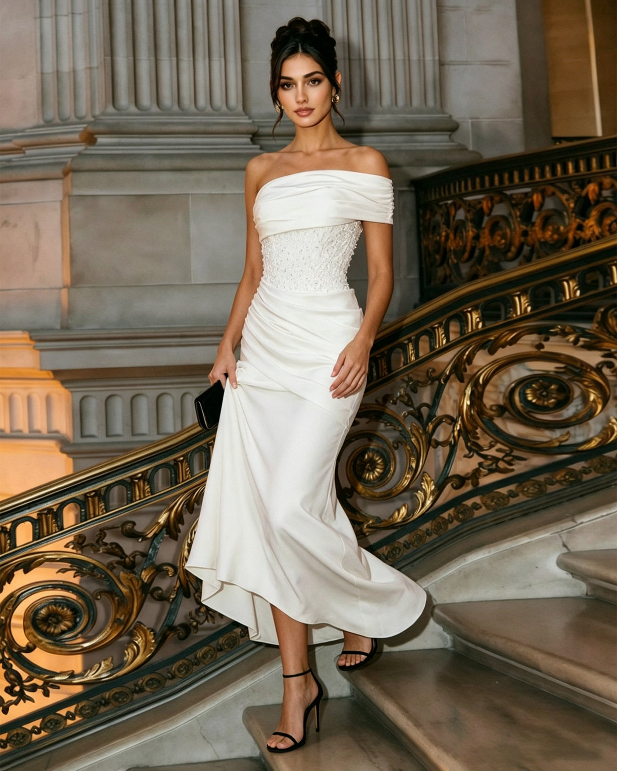 off shoulder fitted formal dress with beaded bodice and draped skirt - image 6