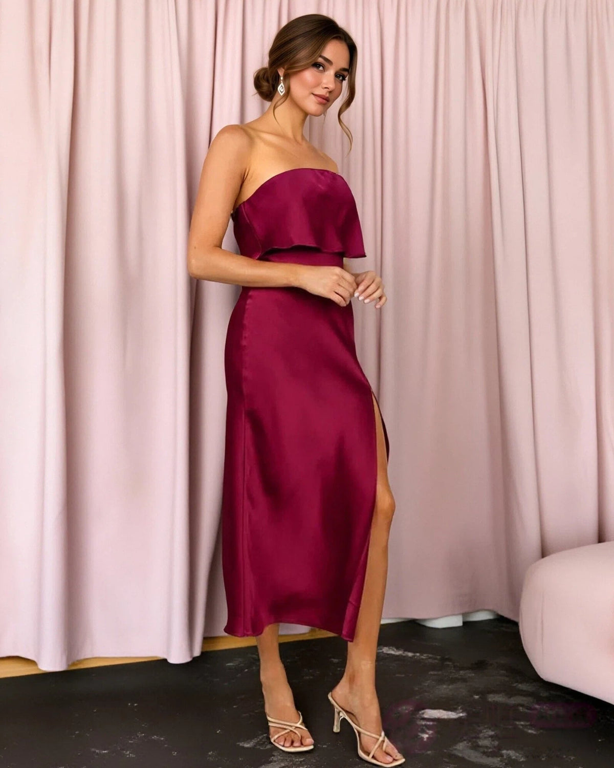 burgundy strapless ruffle overlay satin midi formal dress with side slit - three-quarter view - image 5