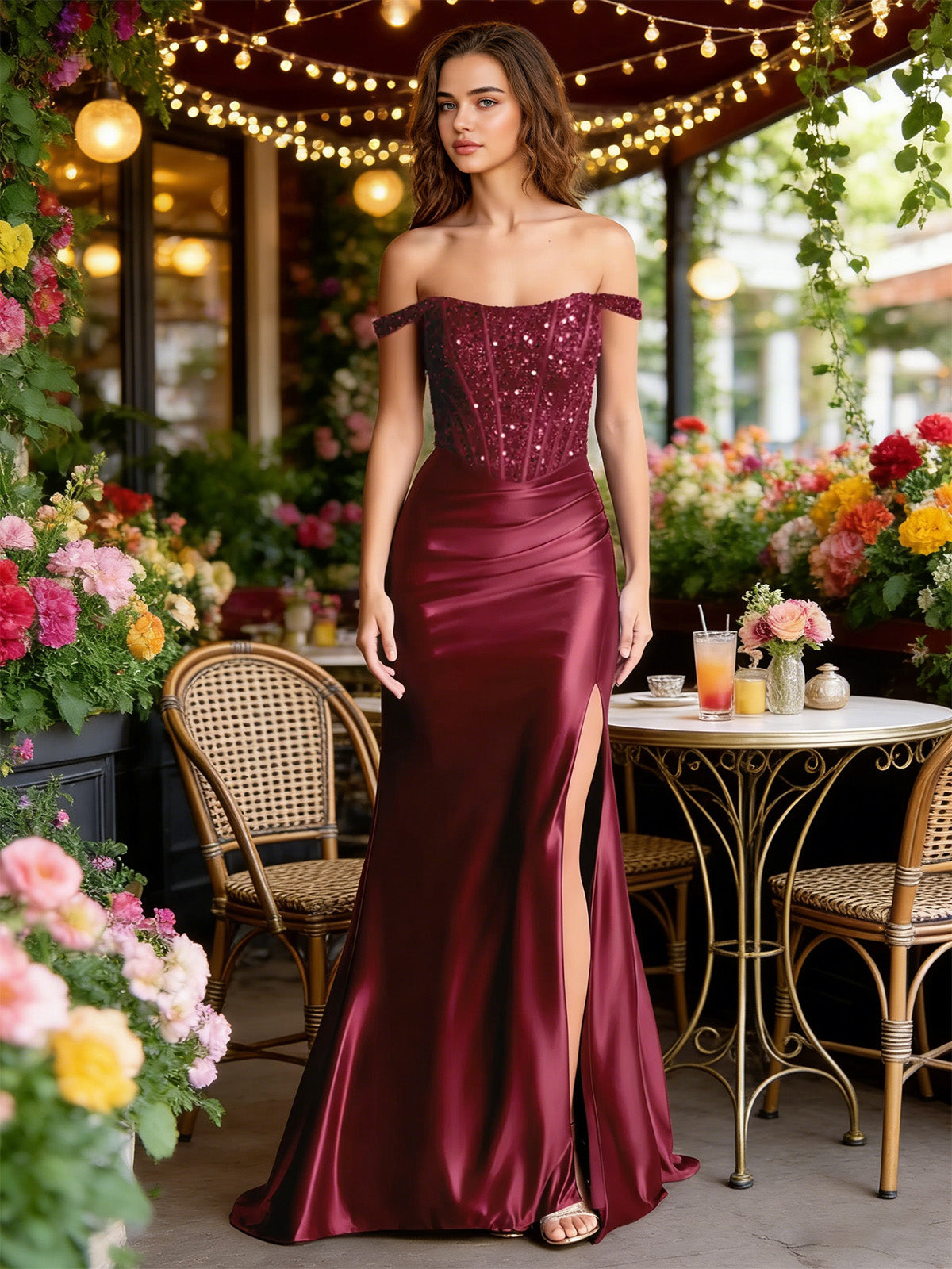 Burgundy off-shoulder sequin satin mermaid dress with side slit