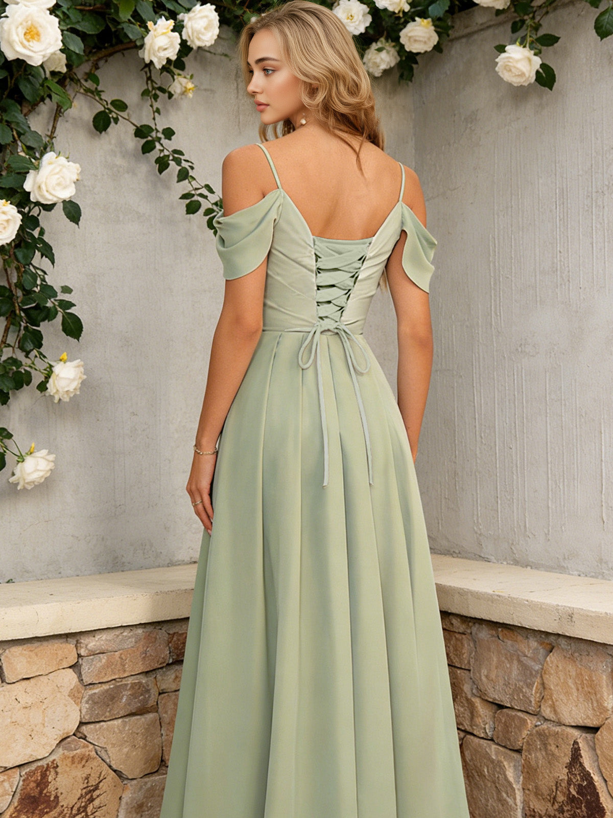Sage green midi dress with off-shoulder sleeves, lace-up back, and pleated skirt