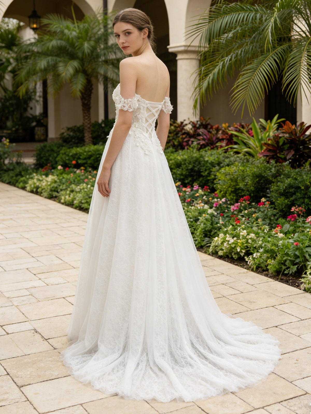 off shoulder lace tulle A-line wedding dress with flutter sleeve - image 6