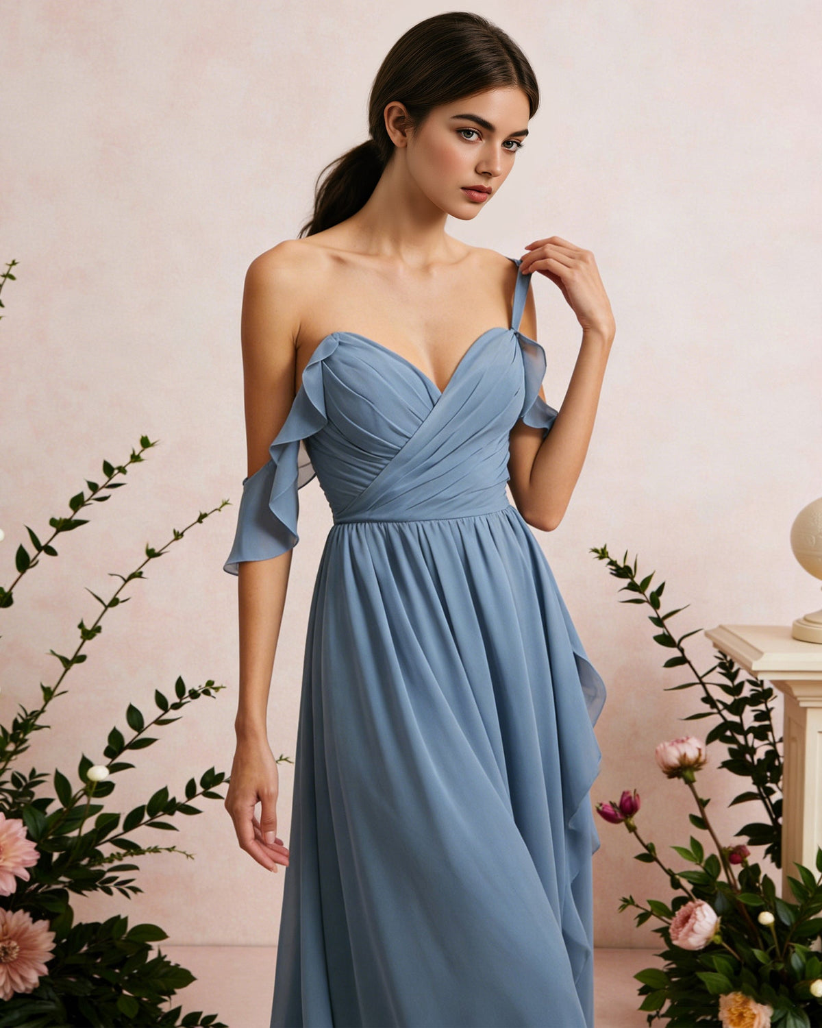 Sky-blue chiffon cold-shoulder dress with draped V-neck bodice and ruched waist detail