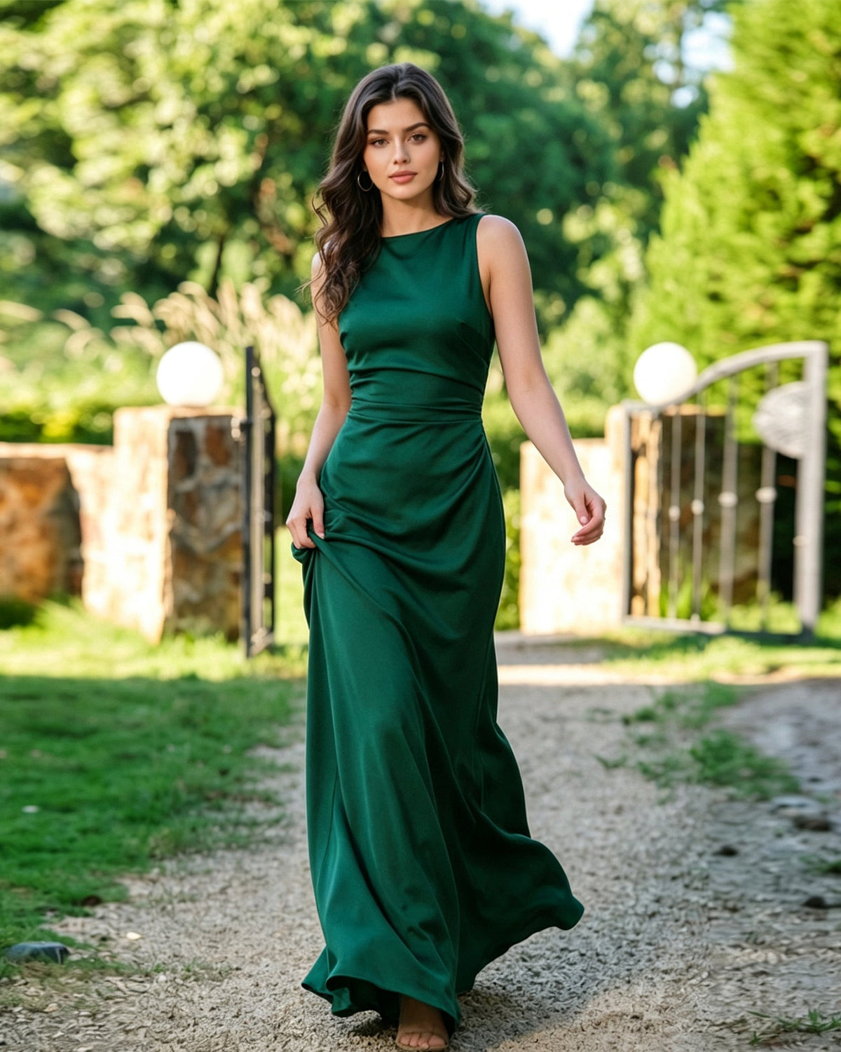high neck satin column formal dress with sleek draped waist - image 6