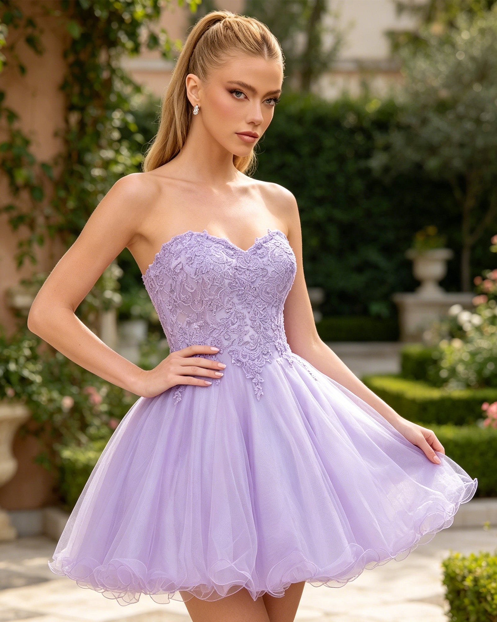 light lilac strapless sweetheart lace tulle A-line homecoming dress - alternate view