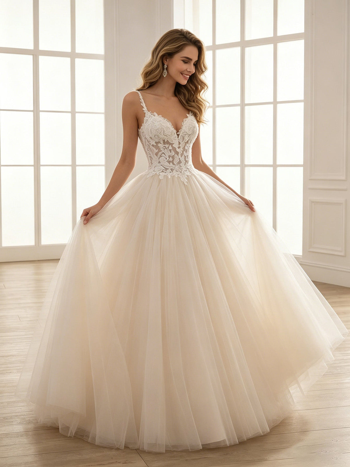 Ivory lace tulle ball gown wedding dress with sweetheart lace bodice and full tulle skirt