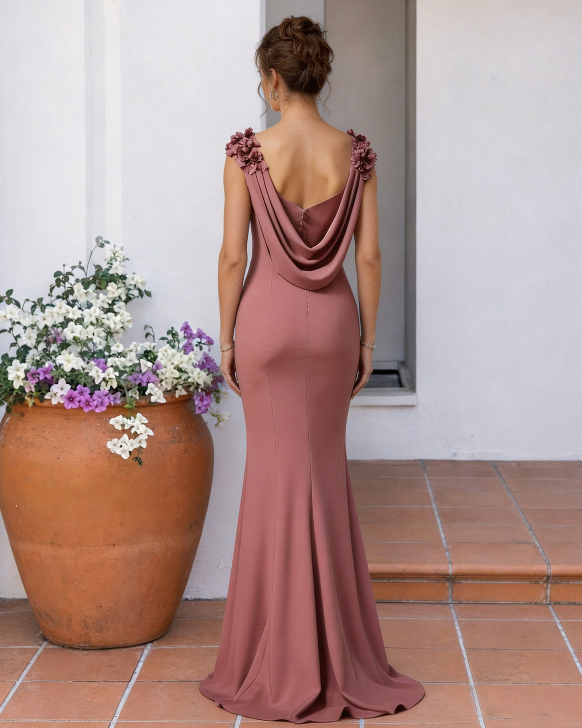 Dusty rose back view mermaid dress with draped cowl back and floral ruffle shoulders