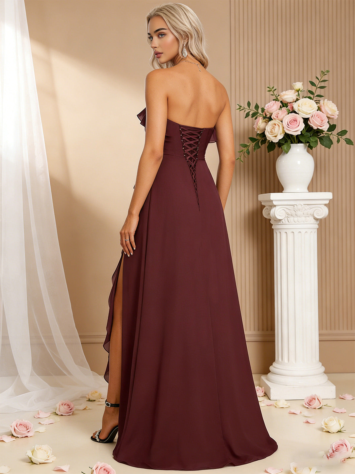 strapless chiffon bridesmaid dress with bow bodice and front slit - image 6
