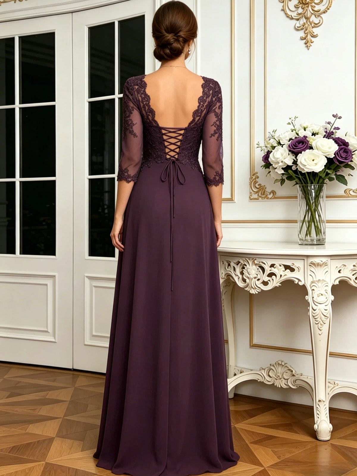 long sweetheart mother of the bride dress with lace jacket, chiffon skirt, and A-line silhouette back or side view of the bridal party dress silhouette