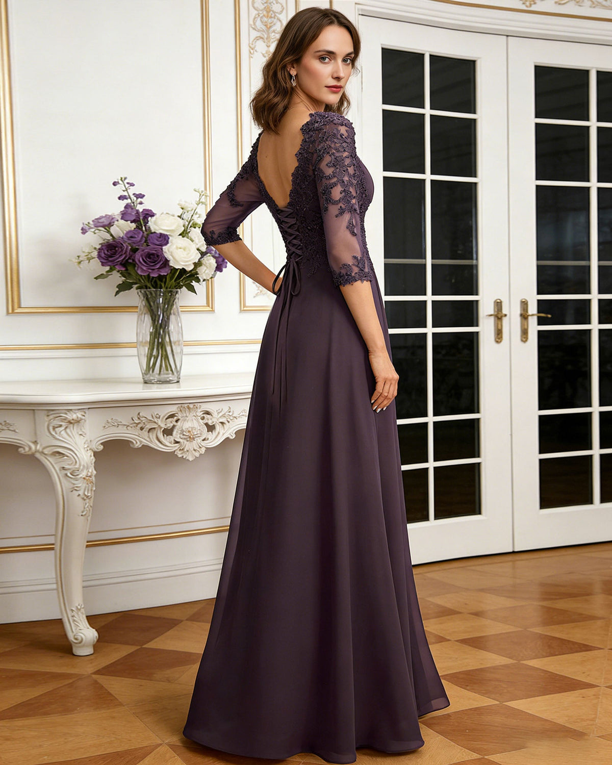 long sweetheart mother of the bride dress with lace three-quarter sleeves and flowing chiffon A-line skirt back or side view for mother of the bride occasion styling