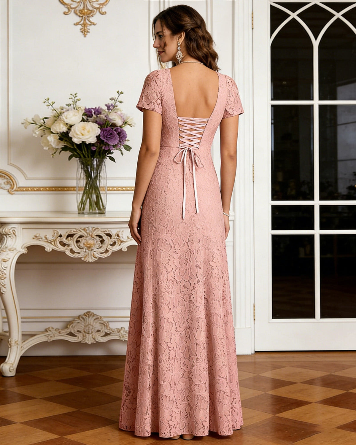 long lace mother of the bride mermaid dress with crew neckline and short sleeves back or side view for mother of the bride occasion styling