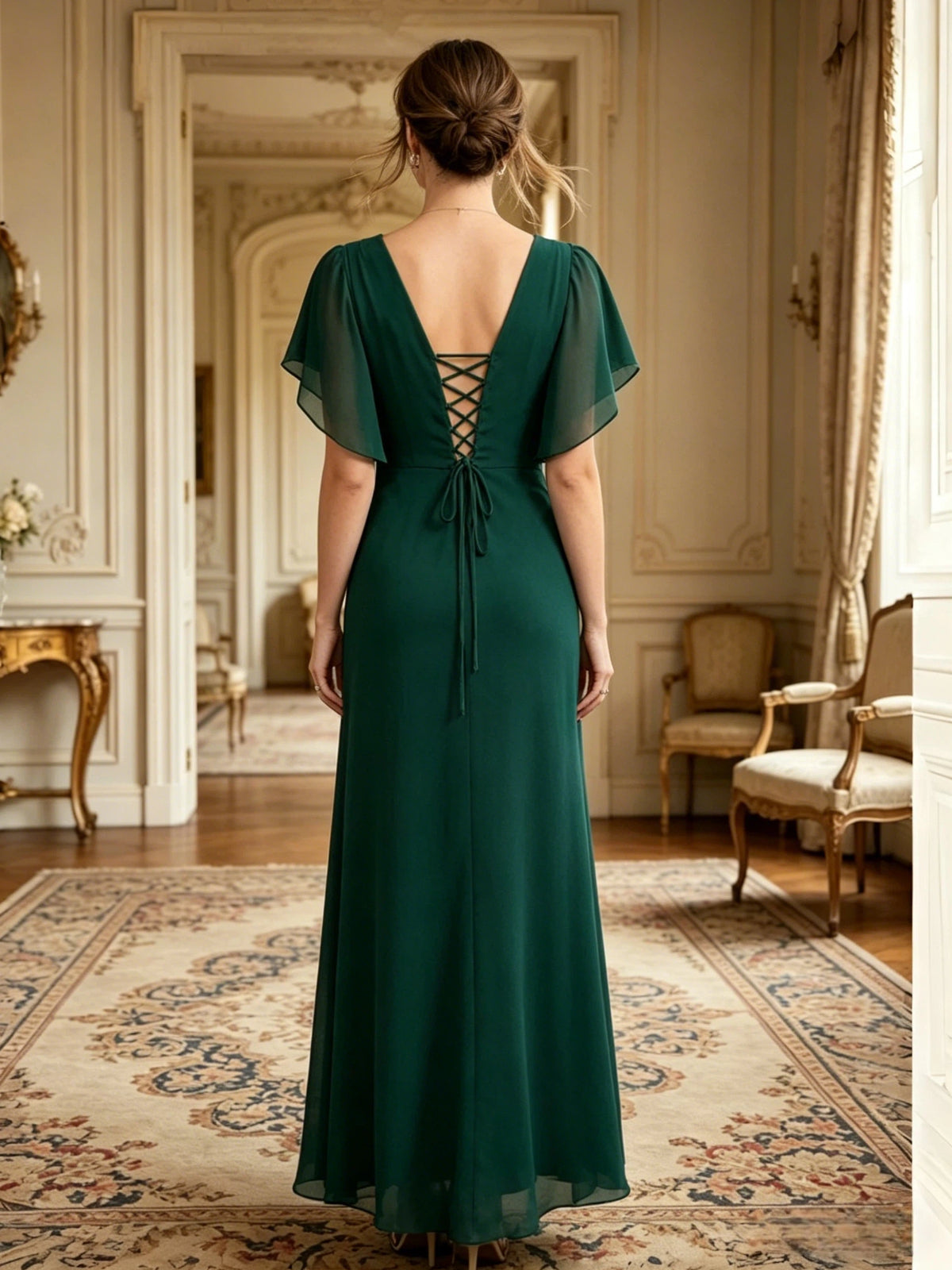 Back view of deep green chiffon mother-of-the-bride dress with V-back and flutter sleeves