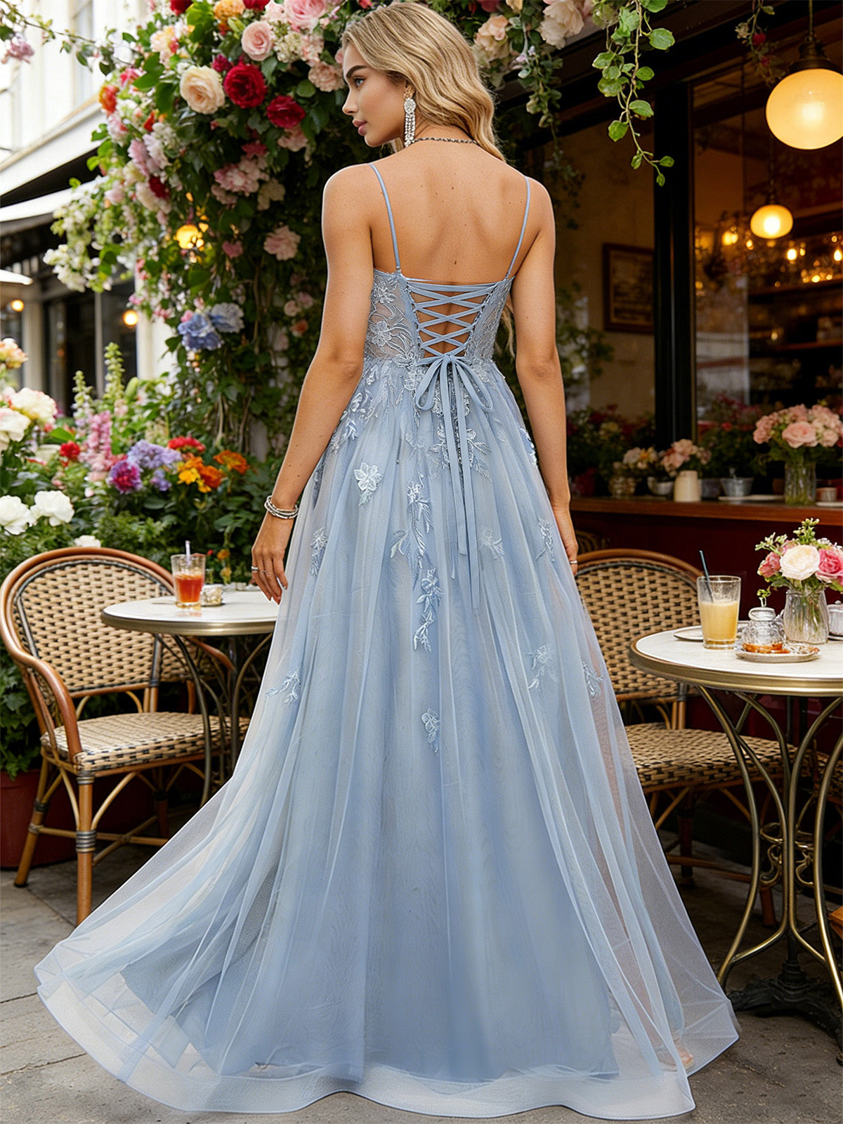 dusty blue beaded bodice tulle ball gown prom dress with spaghetti straps - image 7