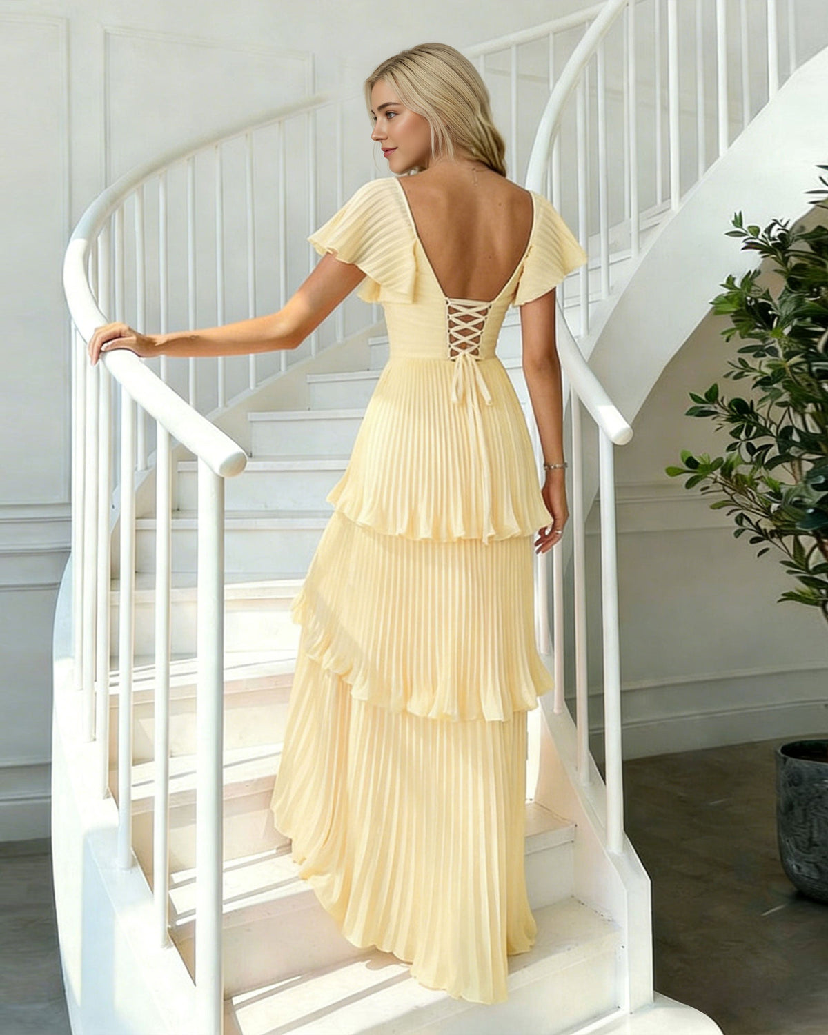 Tiered ruffle chiffon bridesmaid dress, open-back detail, sweetheart neckline, yellow.