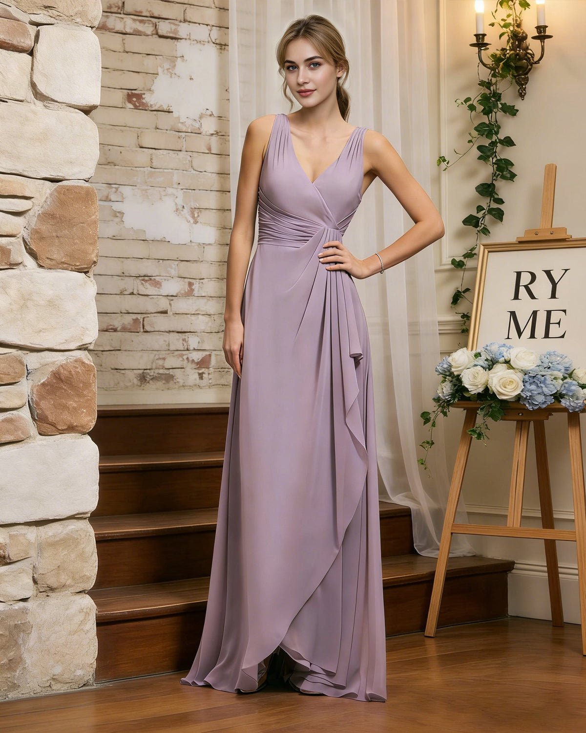 Lilac chiffon bridesmaid dress with halter V-neck and draped sash waist, full length