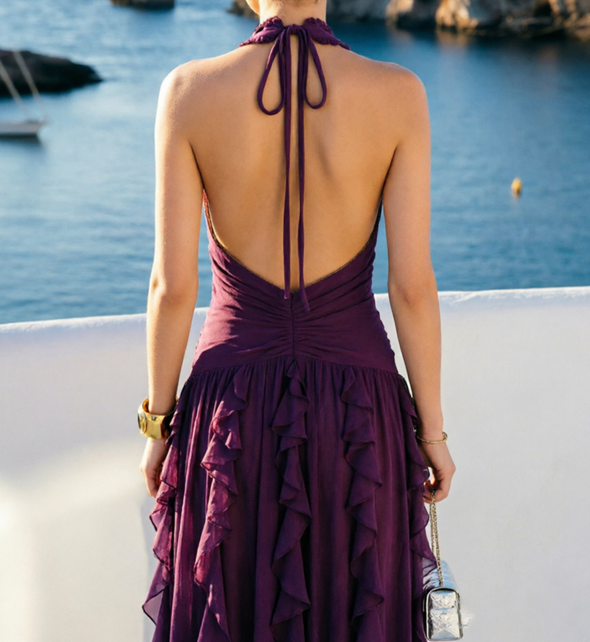 Plum halter V-back chiffon dress with back tie and layered ruffle skirt