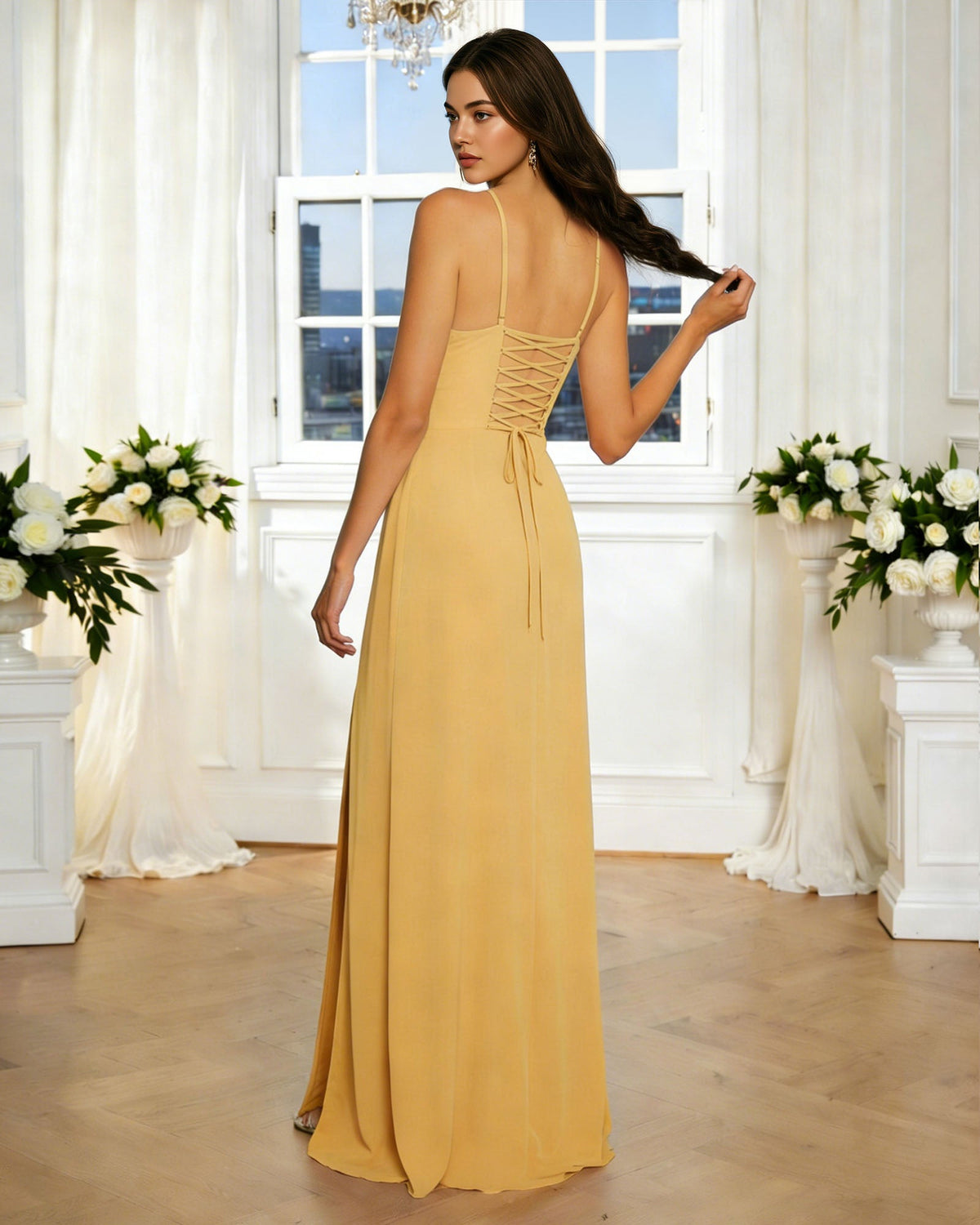 minimal spaghetti strap chiffon bridesmaid dress with front slit - image 7