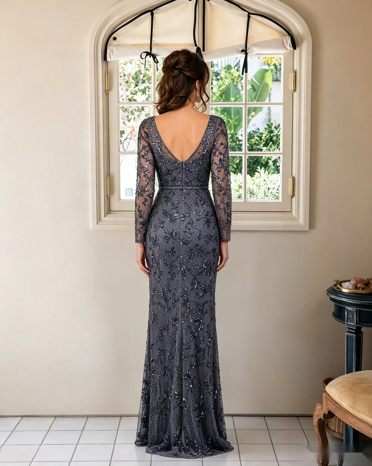 Illusion lace long-sleeve sheath mother-of-the-bride dress, dark navy, open back look