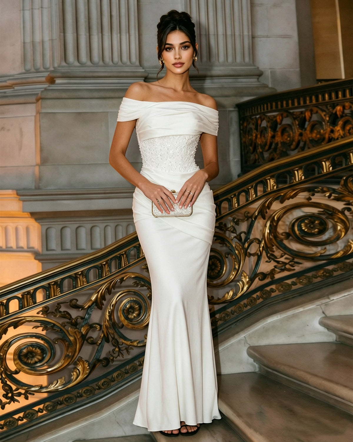 off shoulder fitted formal dress with beaded bodice and draped skirt - image 7