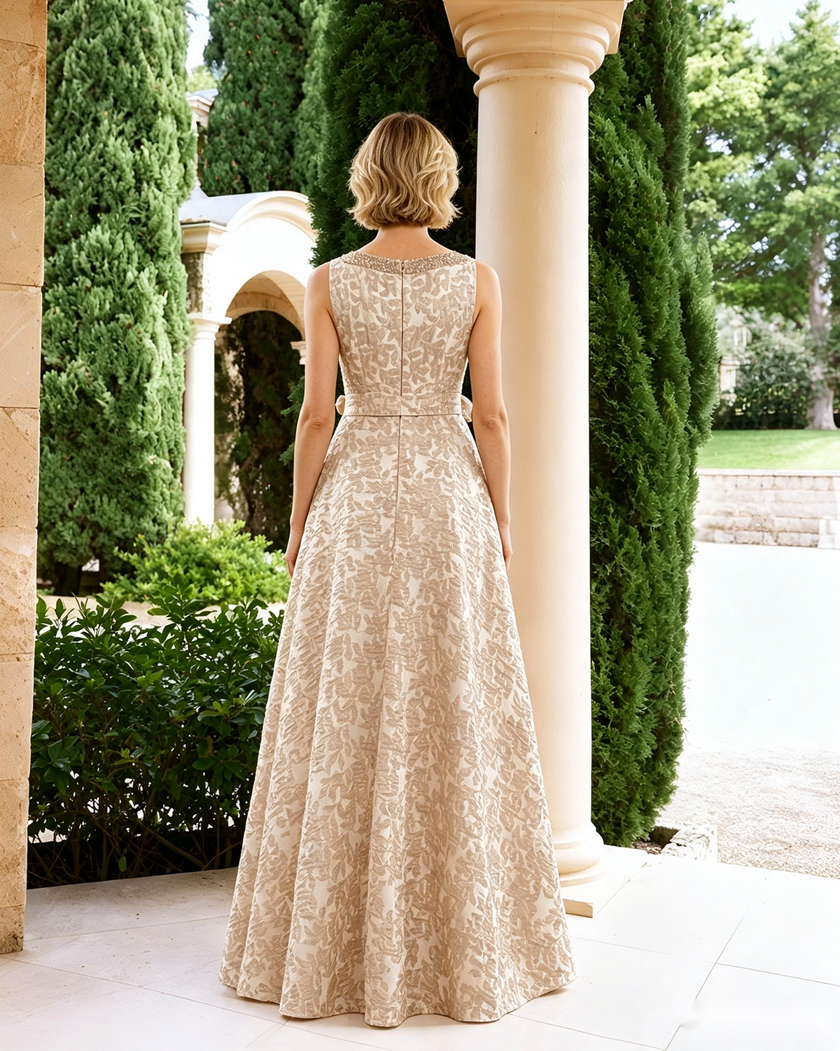 Back view: champagne beige sleeveless lace A-line dress with waist sash bow