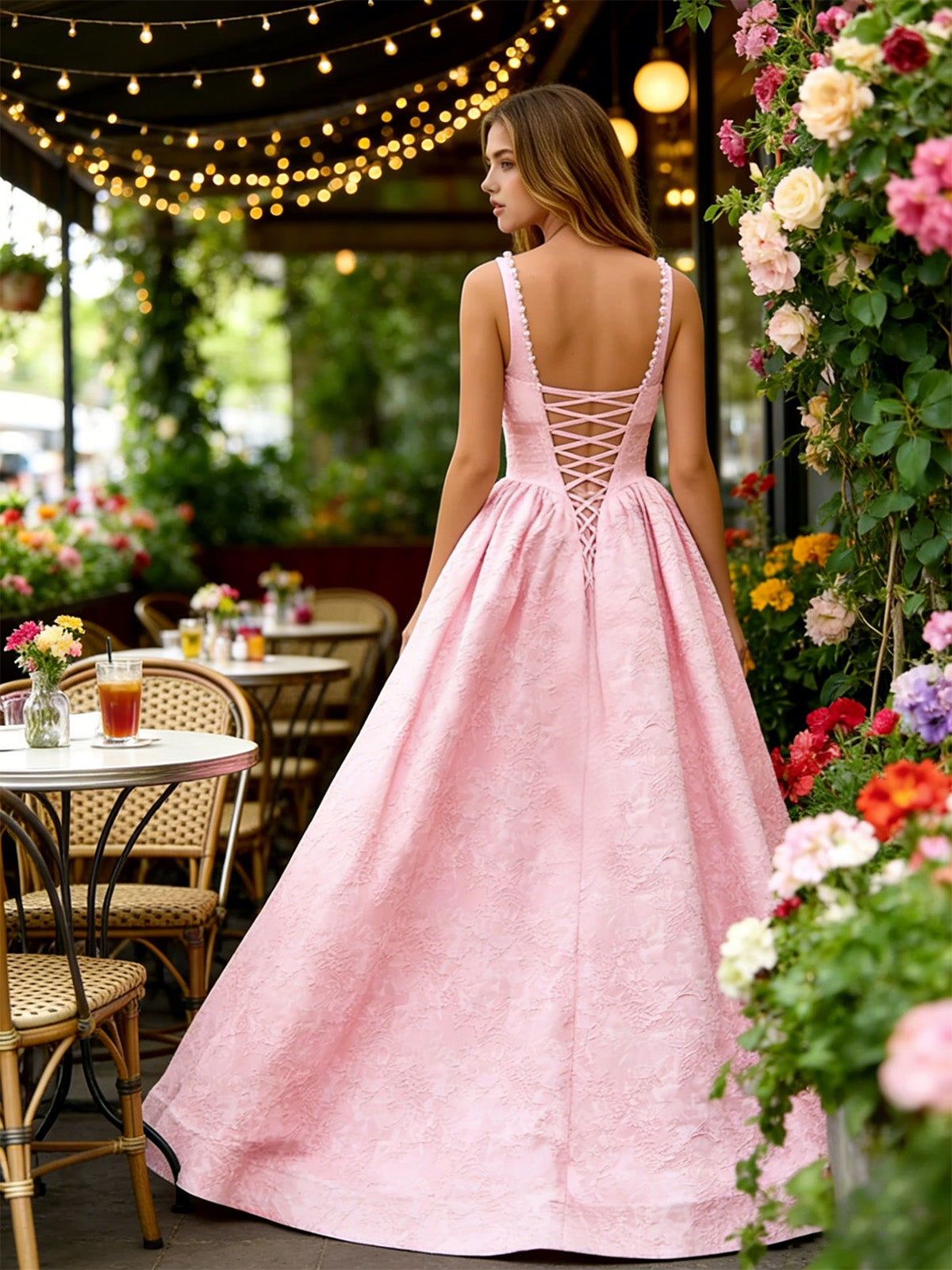 Pink jacquard ball gown prom dress with square neckline, wide straps, and crisscross back