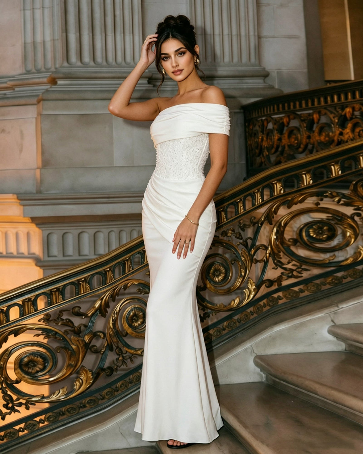 off shoulder fitted formal dress with beaded bodice and draped skirt - image 8