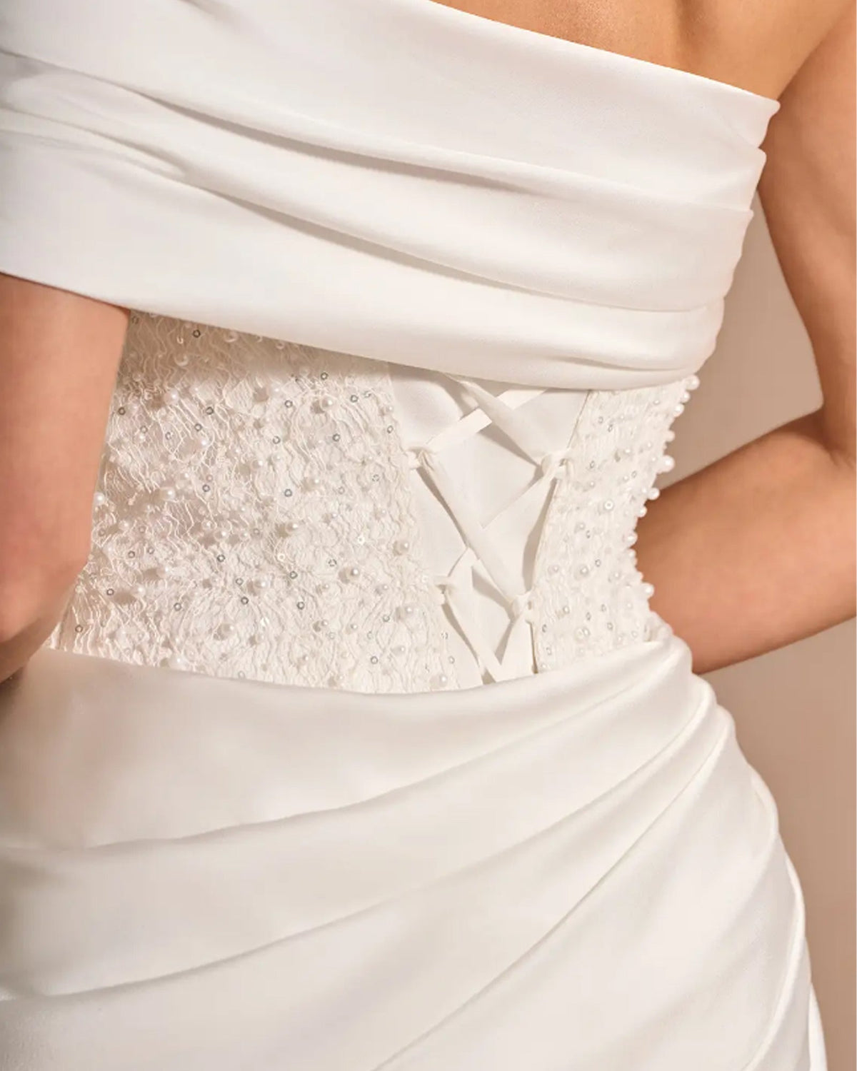 off shoulder fitted formal dress with beaded bodice and draped skirt - image 9
