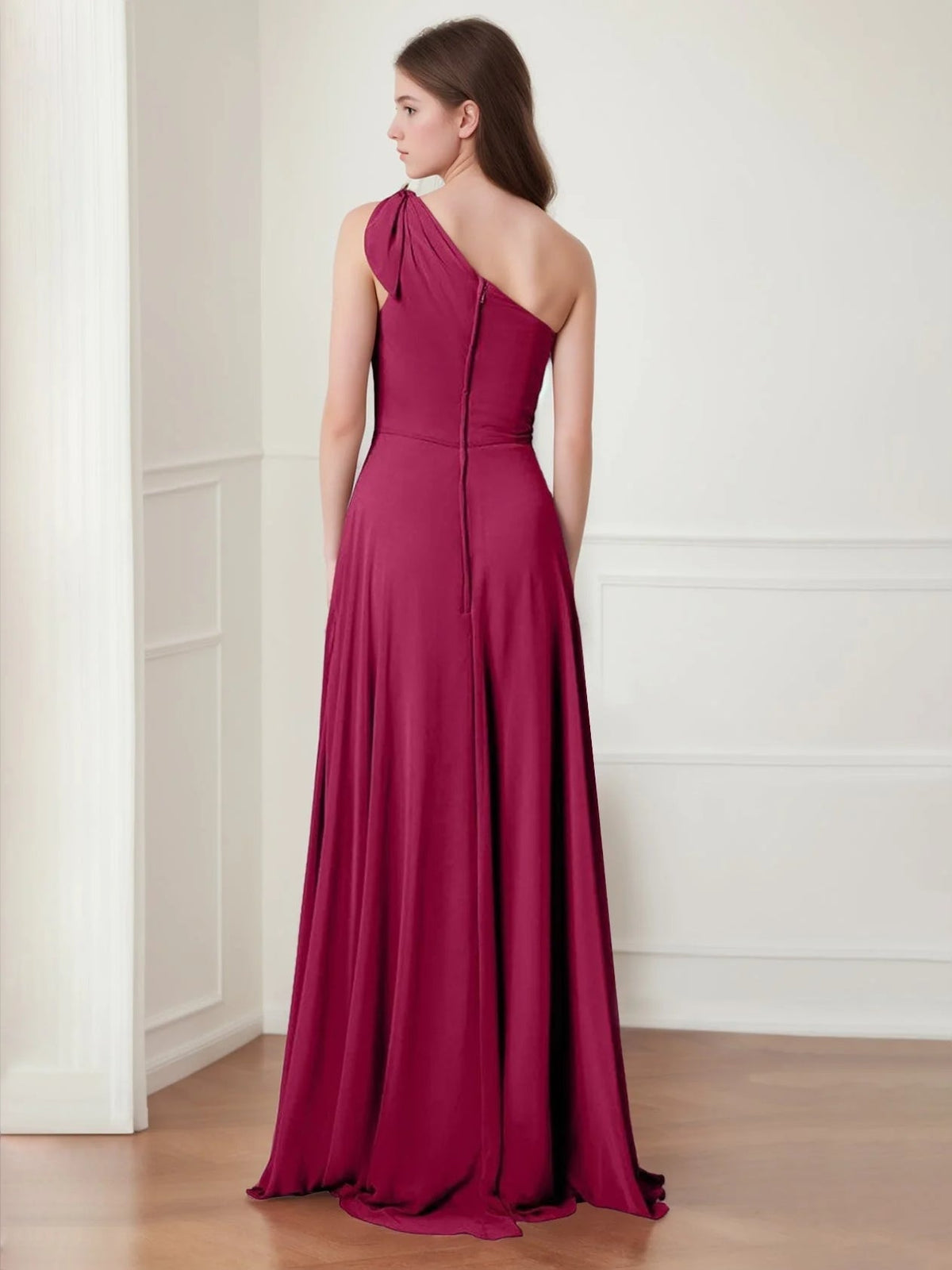 One-shoulder chiffon prom dress in dark cherry, A-line floor length with open back