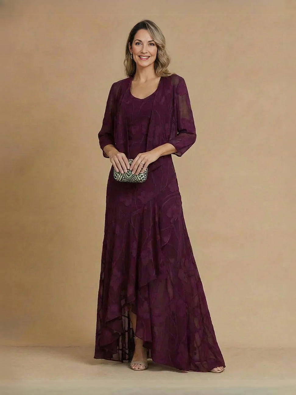 Dark red floral V-neck chiffon A-line high-low mother dress with layered skirt