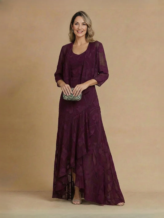 Dark red floral V-neck chiffon A-line high-low mother dress with layered skirt