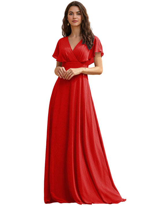 Red V-neck chiffon bridesmaid dress with flutter sleeves and flowing maxi skirt