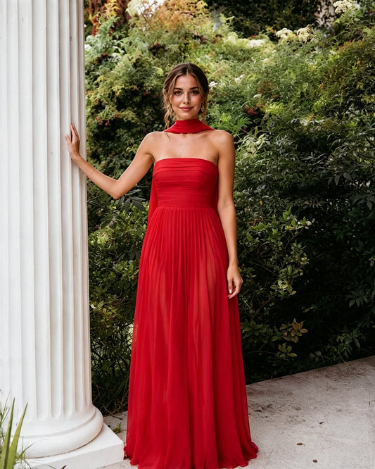 Strapless chiffon A-line bridesmaid dress with neck scarf, rich red