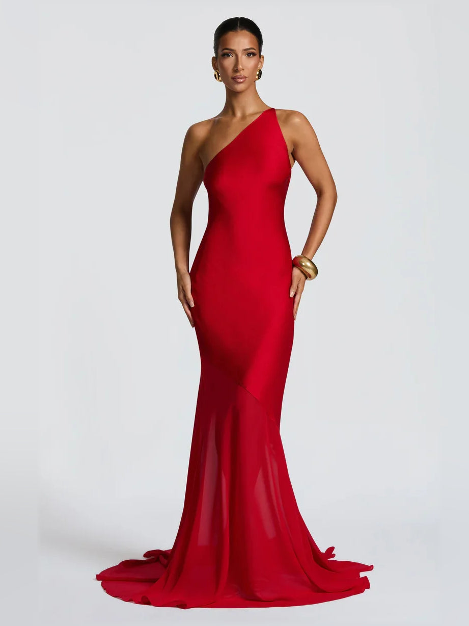 One-shoulder mermaid formal dress in red, floor-length, fitted fishtail hem