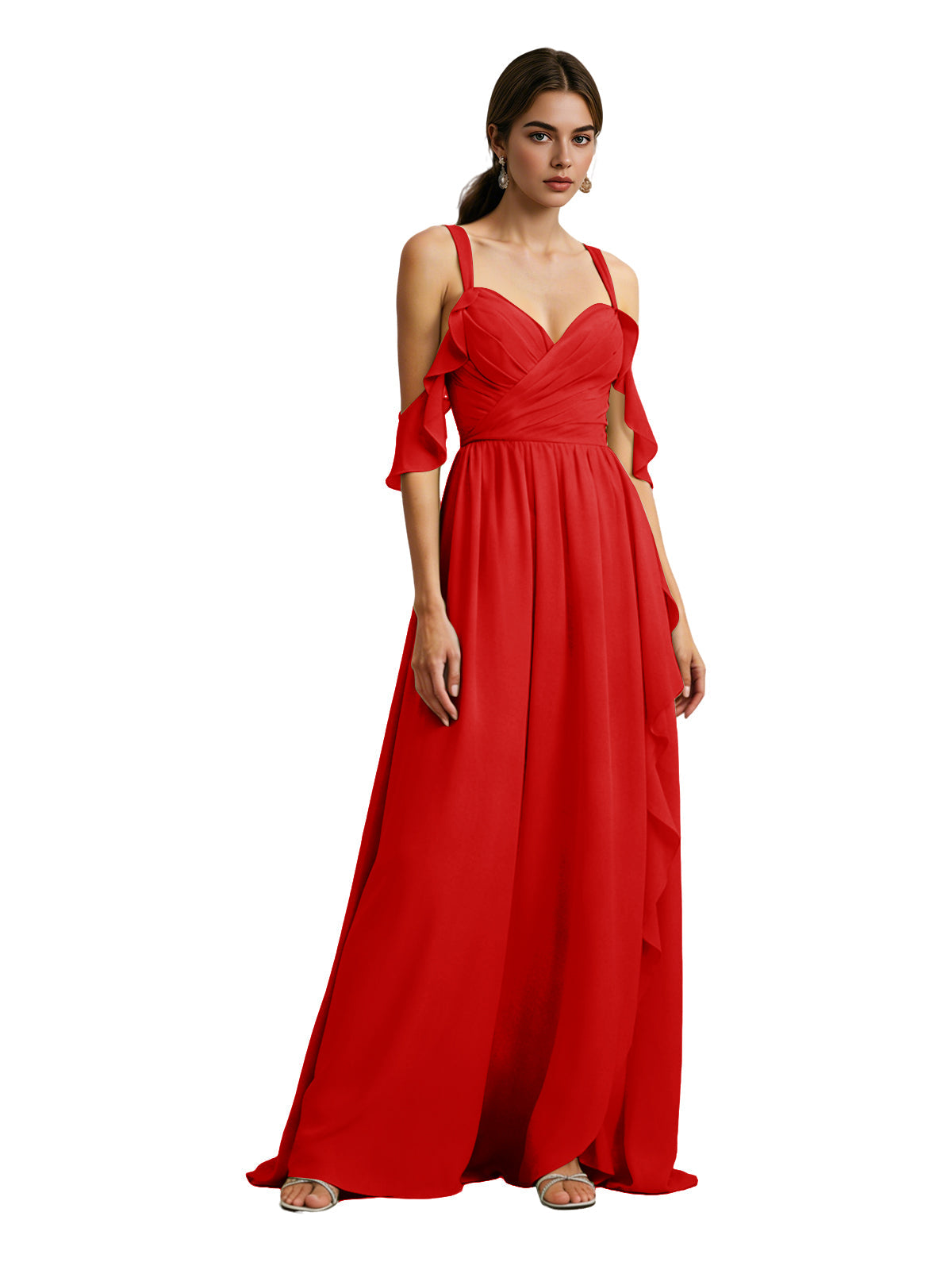 Red chiffon cold-shoulder maxi dress with draped V-neck bodice, ruched waist, ruffle sleeves