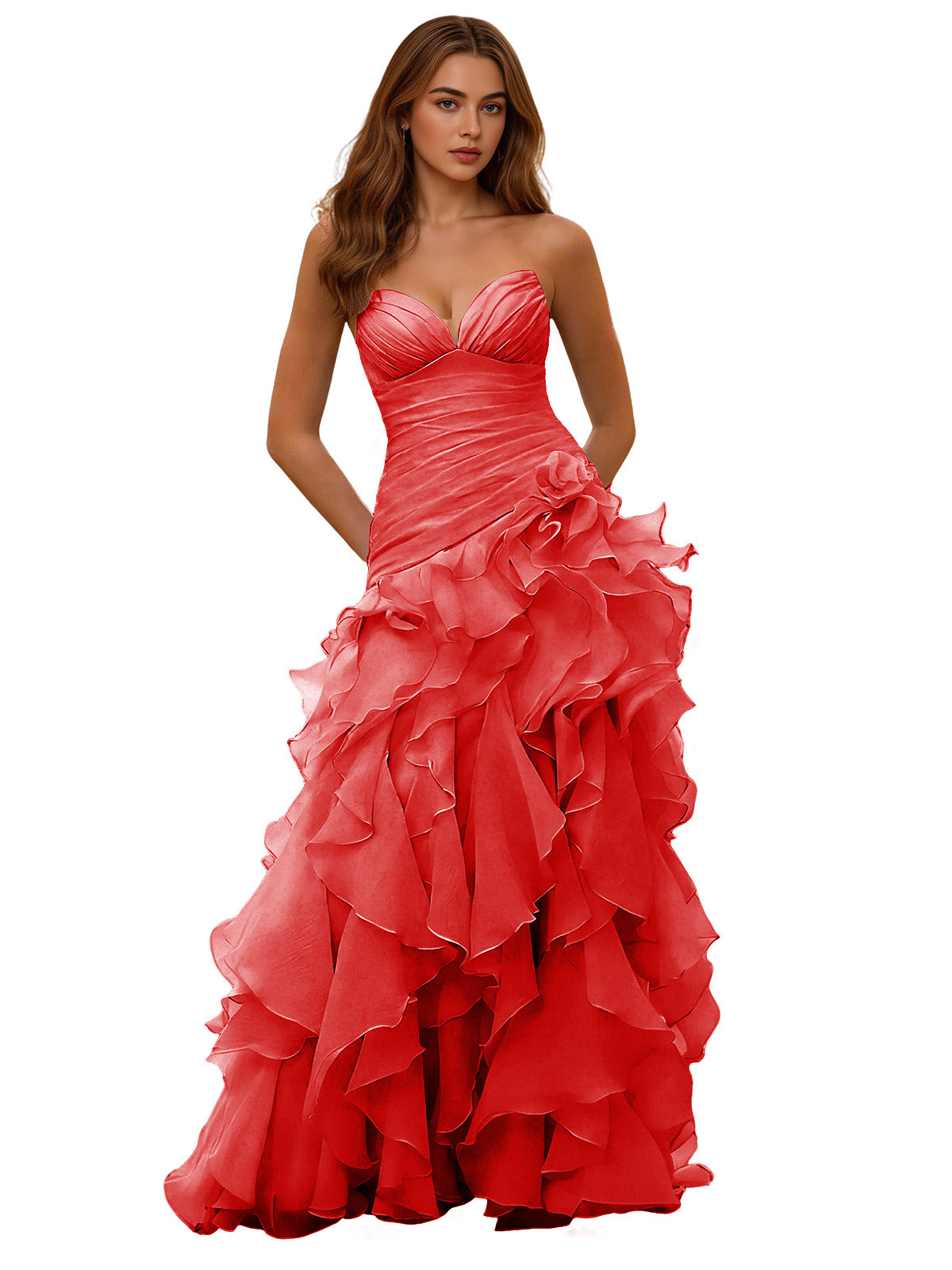 Red strapless corset ball gown with cascading organza ruffle skirt