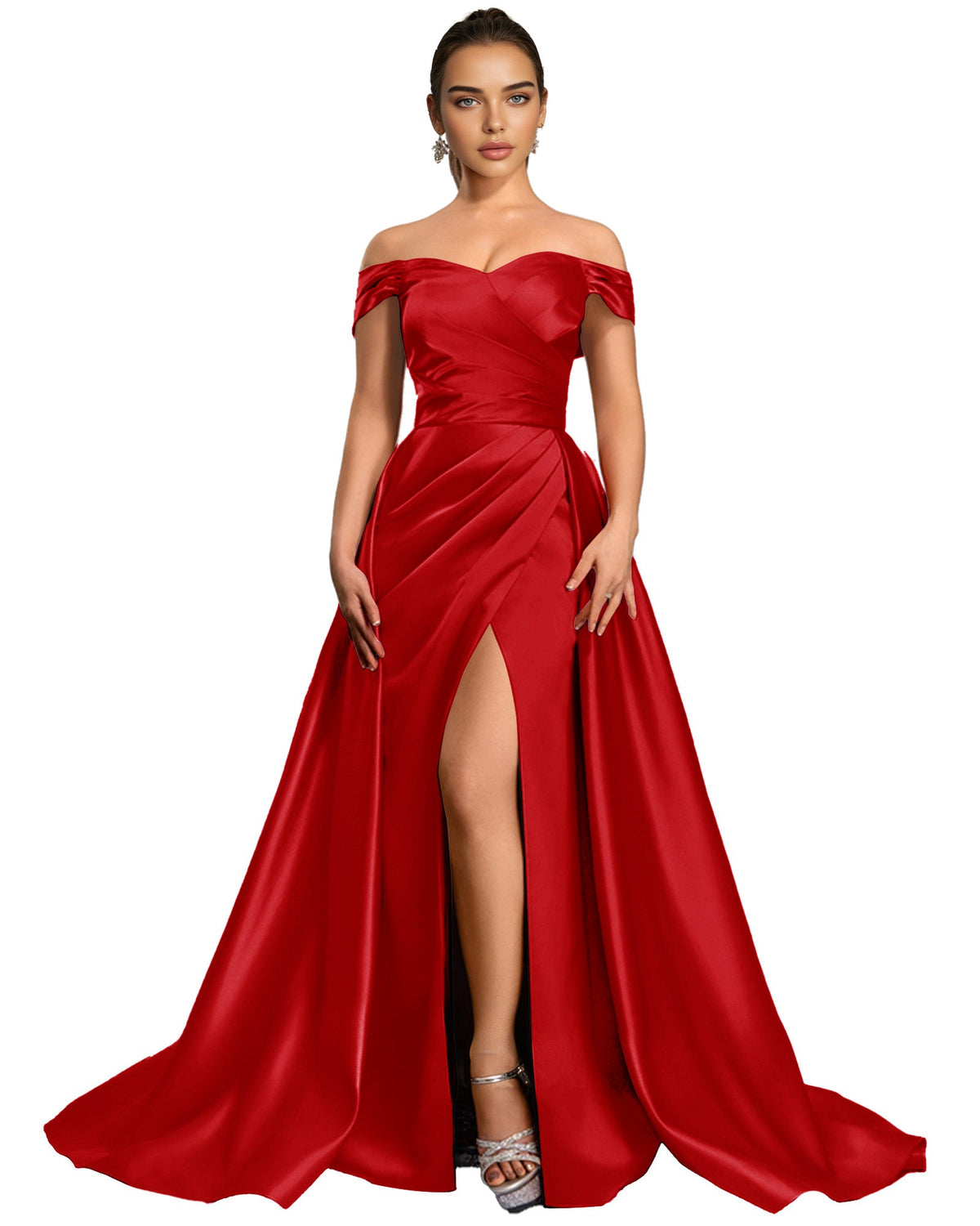 Red off-shoulder satin ball gown with sweetheart neckline and high front slit