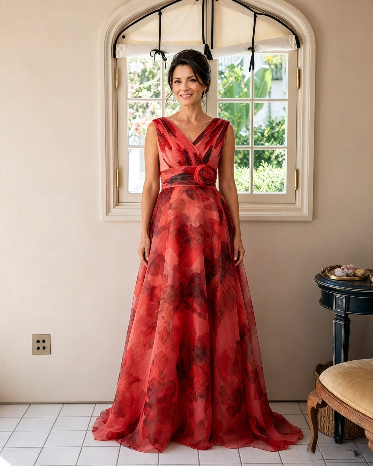 Red floral chiffon V-neck mother-of-the-bride dress with rosette waist sash, full skirt