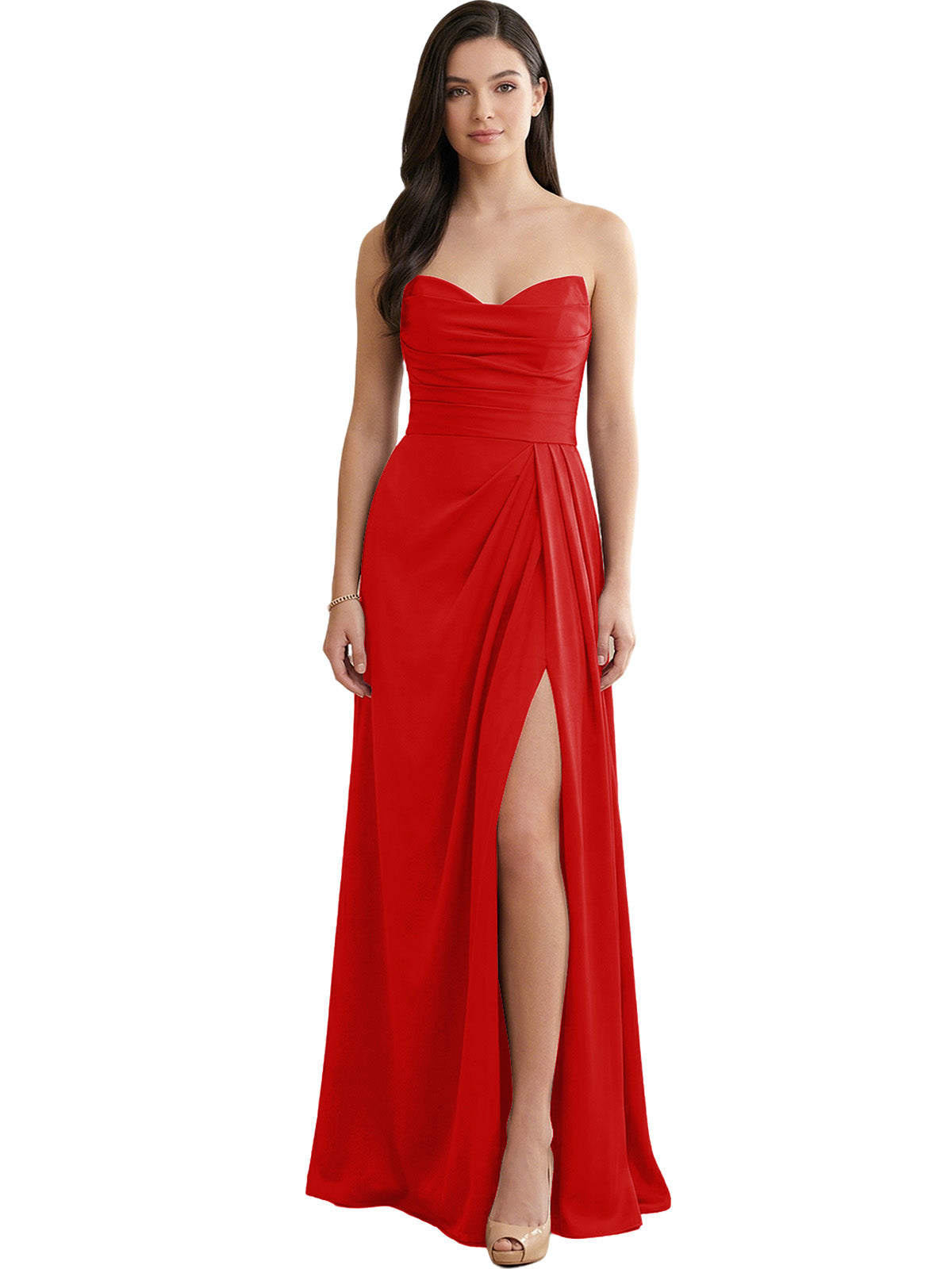 Strapless pleated satin bridesmaid dress in red with thigh-high side slit