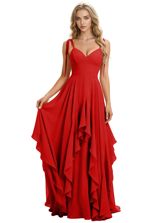 Red chiffon bridesmaid dress with spaghetti straps and cascading ruffle skirt