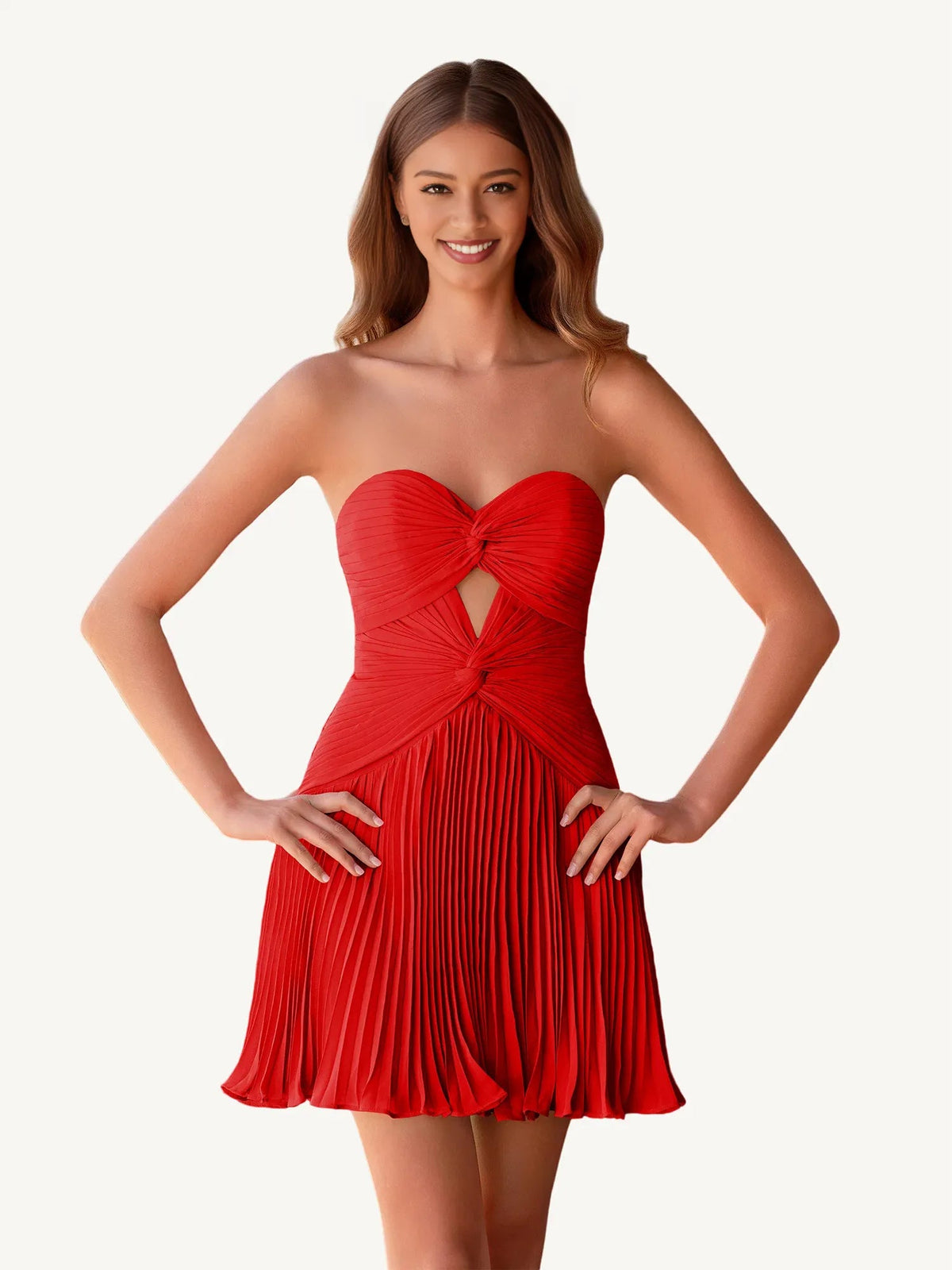 Red strapless mini chiffon homecoming dress, front view with bow detail and pleated skirt
